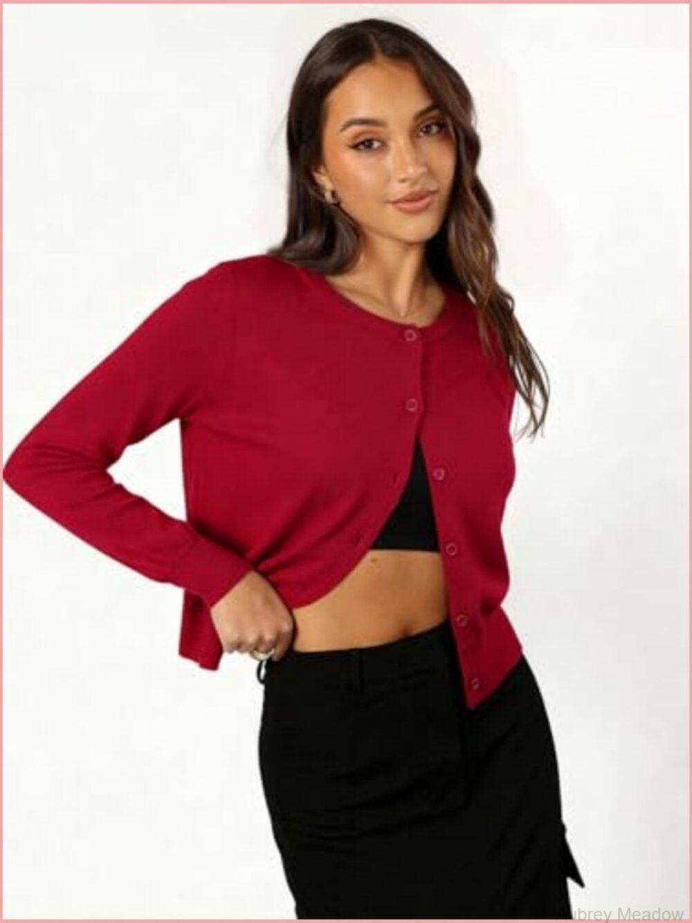Cropped Cardigan Sweater Women Long Sleeve Crewneck Button Down Knit - Picture 5 of 7